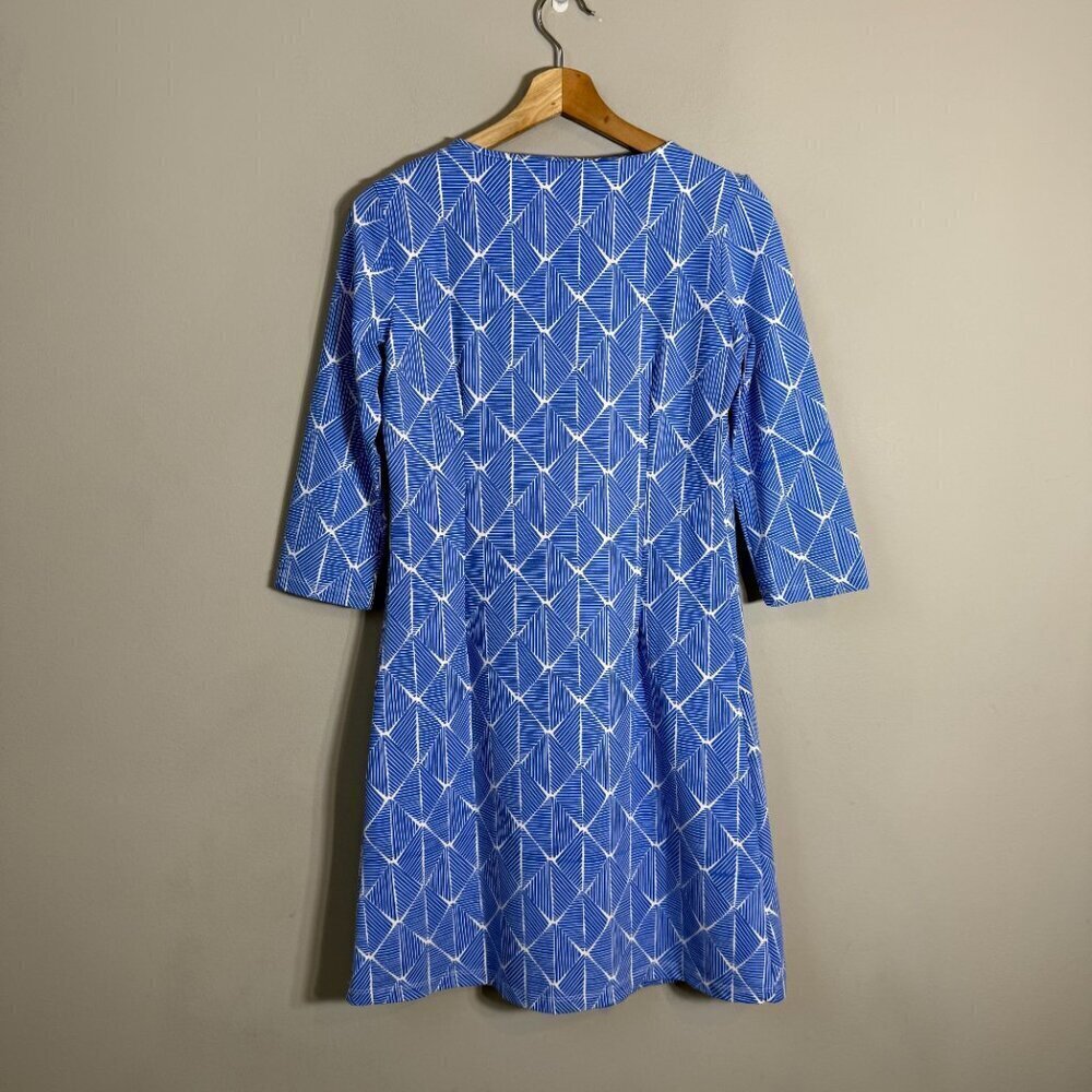 Mahi Gold Patterned Shift Mini Dress Womens Small Blue White Nautical Scuba Chic - Picture 3 of 10